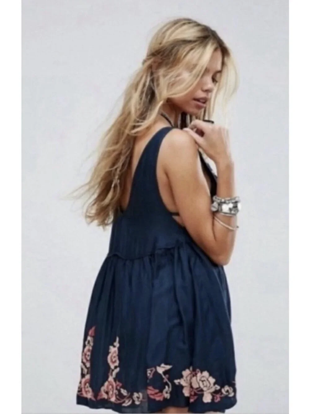 Free People Aida Slip Tank Dress Navy Blue Pink Floral Embroidered V Neck Medium